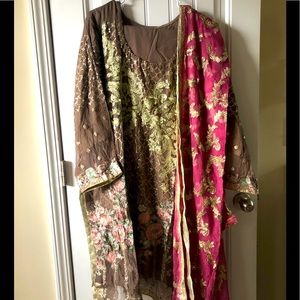 3 piece brown/pink chiffon embroidered shalwar kameez